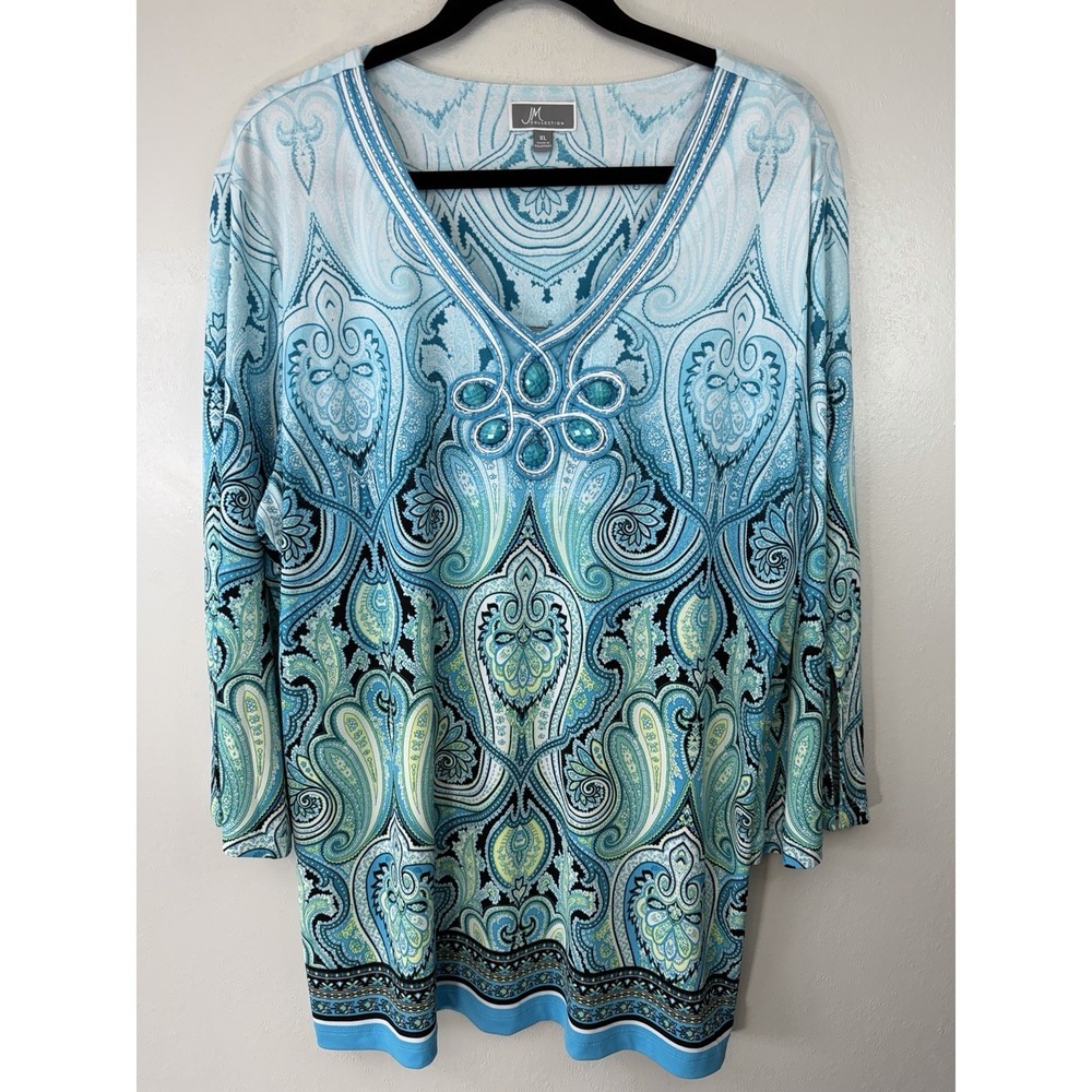 JM Collection Liquid Knit Bluesy‎ Top W Turquoise Stone Accents Size XL